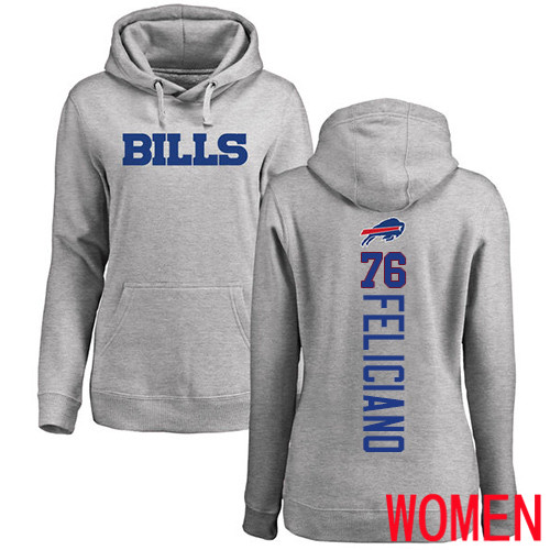 NFL Women Buffalo Bills 76 Jon Feliciano Ash Backer Pullover Hoodie Sweatshirt